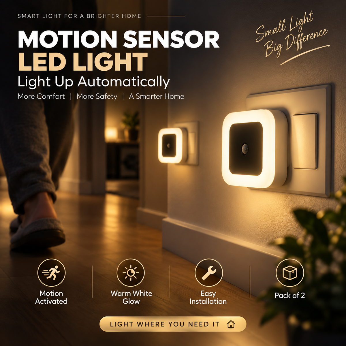 Motion Sensor Square Led Ceiling Light Flush Mount Garage Wall Lamp Warm White Light (Pack Of 2)